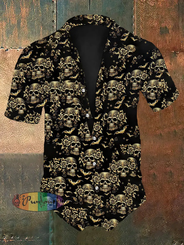 Men’s Vintage Gothic Rose Skull Flower Print Short-Sleeve Shirt Black / S