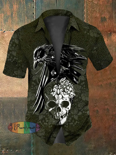 Men’s Vintage Gothic Skull Crow Abstract Print Casual Cotton Short Sleeve Shirt Green / S
