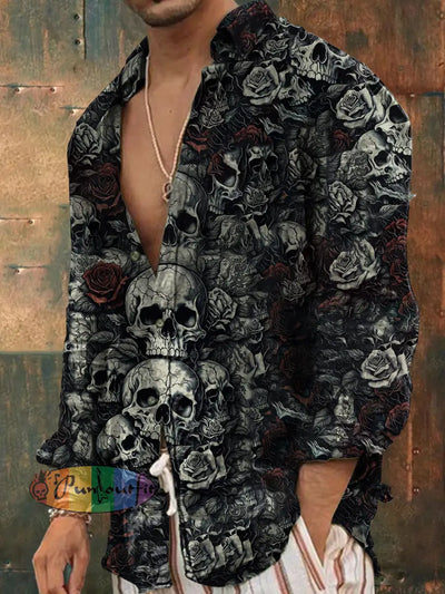 Men’s Vintage Gothic Skull Graffiti Rose Printed Casual Long Sleeve Shirt Gray / S