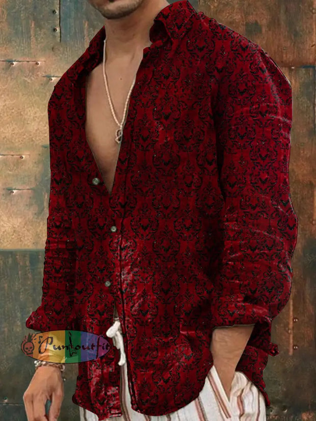 Men’s Vintage Gothic Style Floral Texture Print Long Sleeve Cotton Shirt Red / S