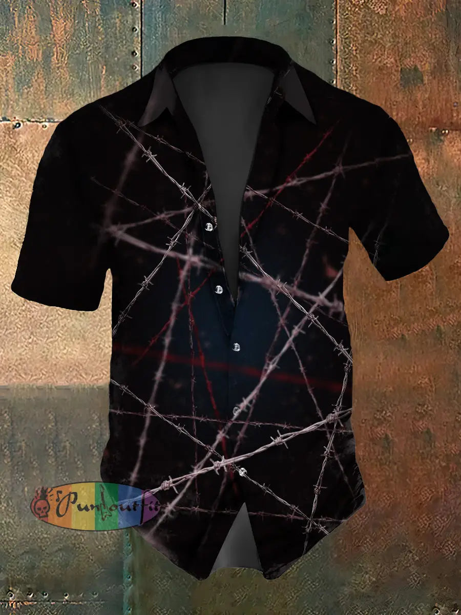 Men’s Vintage Gothic Thorn Knot Abstract Print Casual Cotton Short Sleeve Shirt Black / S
