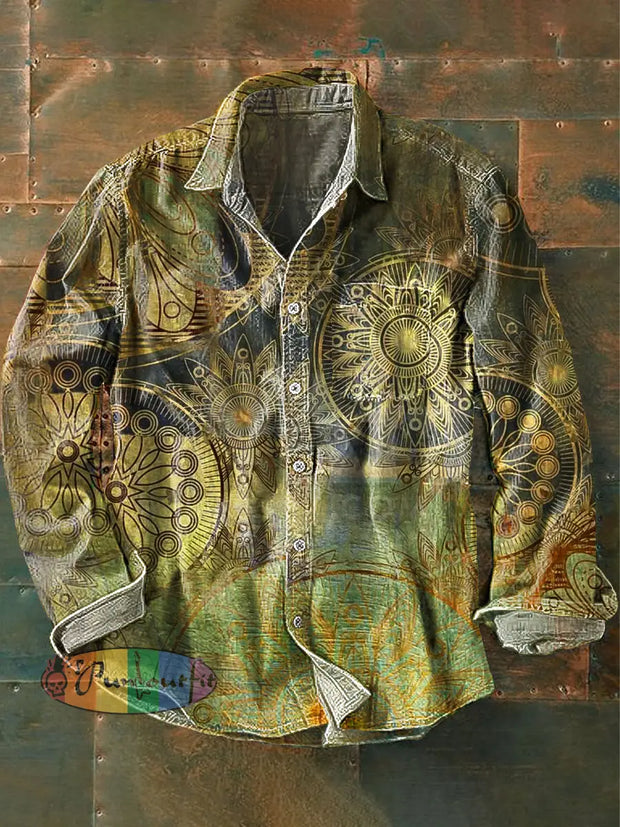 Men’s Vintage Gradient Mandala Art Print Long Sleeve Pocket Shirt Colorful / S