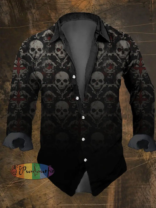 Men’s Vintage Gradient Skull Print Long Sleeve Shirt Multicolor / S