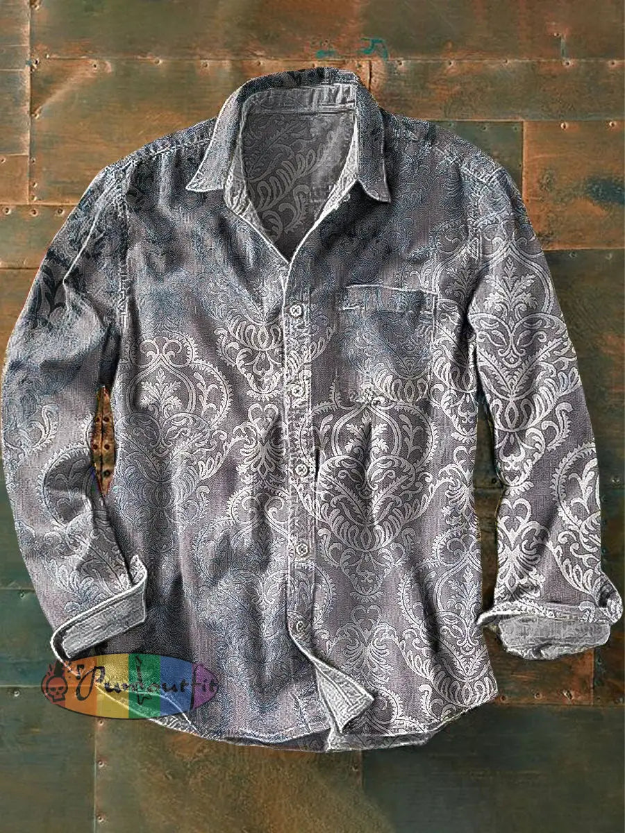 Men’s Vintage Gradient Totem Art Print Long Sleeve Pocket Shirt Colorful / S