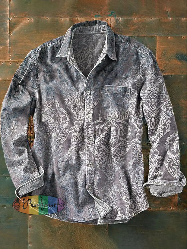 Men’s Vintage Gradient Totem Art Print Long Sleeve Pocket Shirt Colorful / S