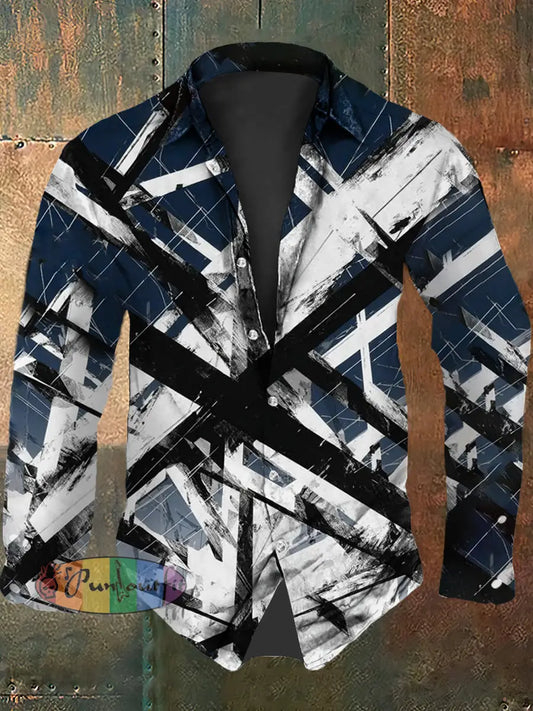 Men’s Vintage Guitar Lines Music Festival Abstract Print Casual Long Sleeve Shirt Blue / S