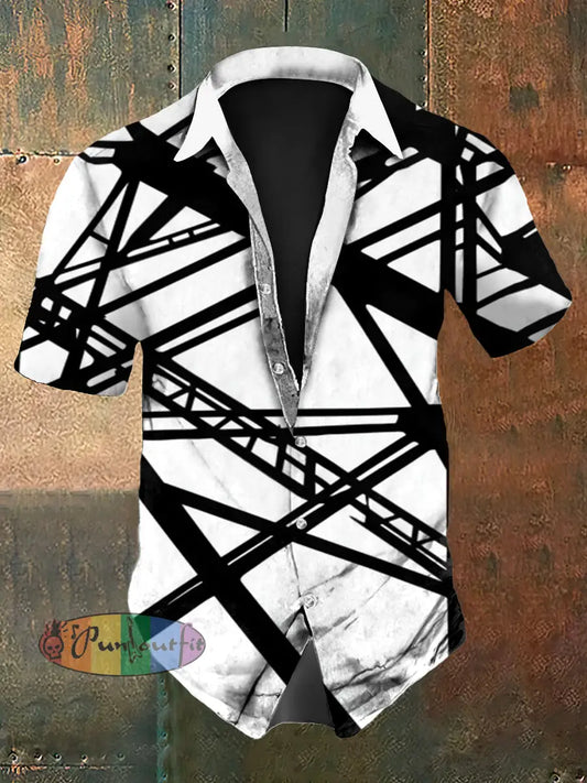 Men’s Vintage Guitar Ripple Lines Music Festival Abstract Print Casual Cotton Short Sleeve Shirt White / S