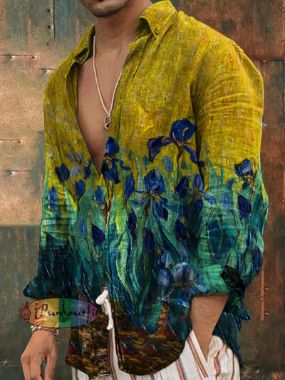 Men’s Vintage Hippie Colorful Floral Tulip Abstract Print Long Sleeve Shirt Yellow / S