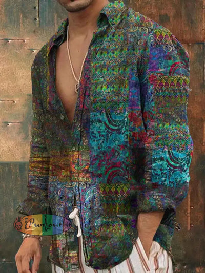 Men’s Vintage Hippie Colorful Geometric Abstracts Print Long Sleeve Shirt As Picture / S