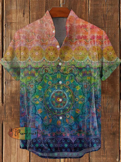 Men’s Vintage Hippie Colorful Gradient Mandala Art Printed Casual Cotton Short Sleeve Shirt As