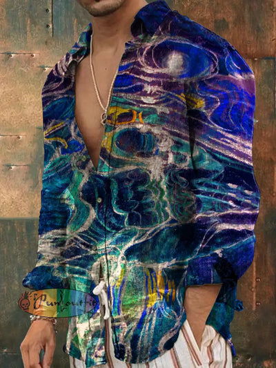 Men’s Vintage Hippie Colorful Graffiti Ripple Abstract Print Long Sleeve Shirt As Picture / S