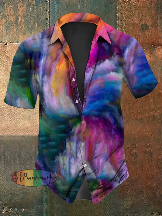 Men’s Vintage Hippie Colourful Clouds Abstract Print Casual Cotton Short Sleeve Shirt As picture / S