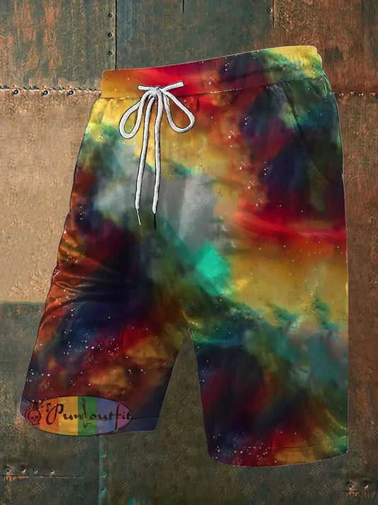 Men’s Vintage Hippie Colourful Dreamy Sky Abstract Print Casual Pocket Drawstring Shorts As picture / S