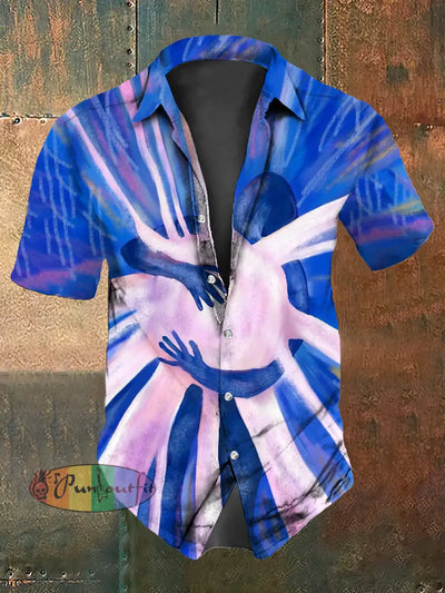 Men’s Vintage Hippie Colourful Mood Embrace Abstract Print Casual Cotton Short Sleeve Shirt Blue / S