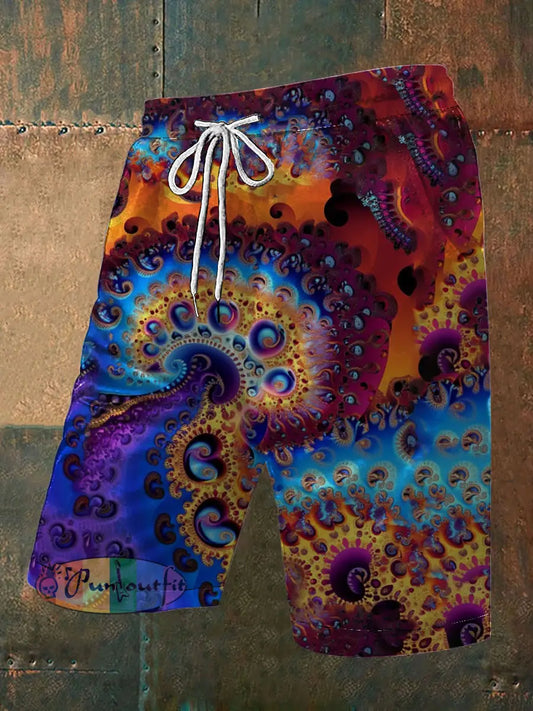 Men’s Vintage Hippie Colourful Swirls Abstract Print Casual Pocket Drawstring Shorts As picture / S