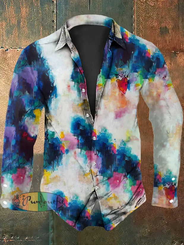 Men’s Vintage Hippie Colourful Tie-Dye Heart Patterns Abstract Print Casual Long Sleeve Shirt As picture / S