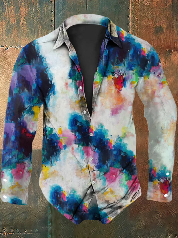 Unisex Men's Vintage Hippie Colorful Tie Dye Heart Designs Abstract Print Casual Long Sleeve Shirt