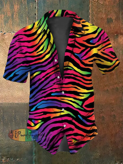 Men’s Vintage Hippie Colourful Zebra Print Art Abstract Print Casual Cotton Short Sleeve Shirt Pink / S