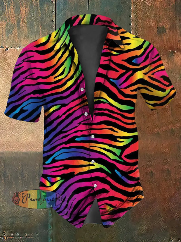 Men’s Vintage Hippie Colourful Zebra Print Art Abstract Print Casual Cotton Short Sleeve Shirt Pink / S