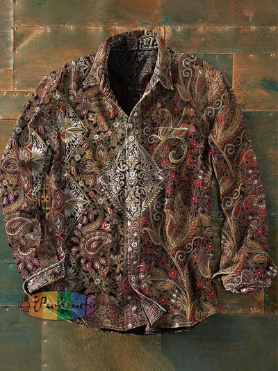 Men’s Vintage Hippie Ethnic Floral Art Print Casual Long Sleeve Shirt Brown / S