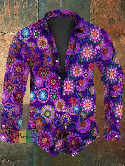 Men’s Vintage Hippie Ethnic Floral Print Casual Long Sleeve Shirt Purple / S