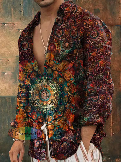 Men’s Vintage Hippie Flower Mandala Pattern Art Print Casual Long Sleeve Shirt