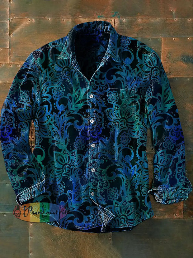 Men’s Vintage Hippie Perris Flower Abstract Print Casual Long Sleeve Shirt Blue / S