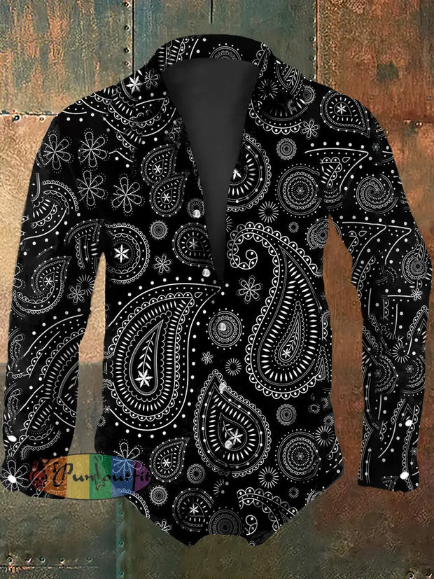 Men’s Vintage Hippie Perris Flower Print Long Sleeve Shirt Black / S