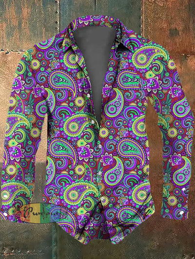 Men’s Vintage Hippie Perris Flower Print Long Sleeve Shirt Purple / S