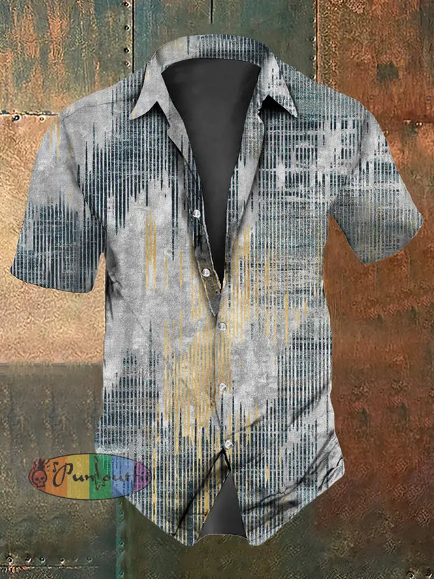 Men’s Vintage Hygge Living Stripes Abstract Print Casual Cotton Short Sleeve Shirt Blue / S