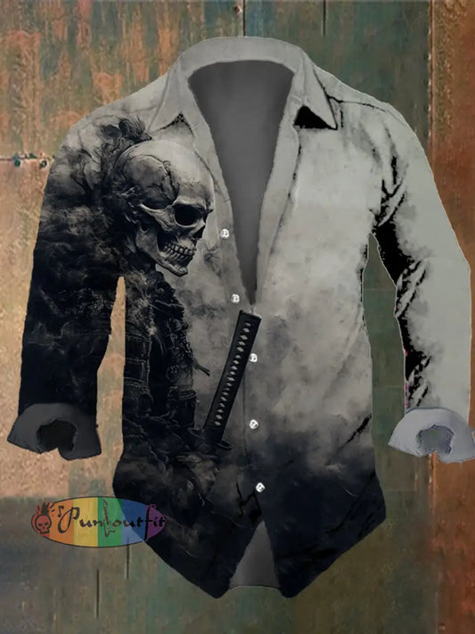 Men’s Vintage Japanese Skull Samurai Print Long Sleeve Shirt Multicolor / S