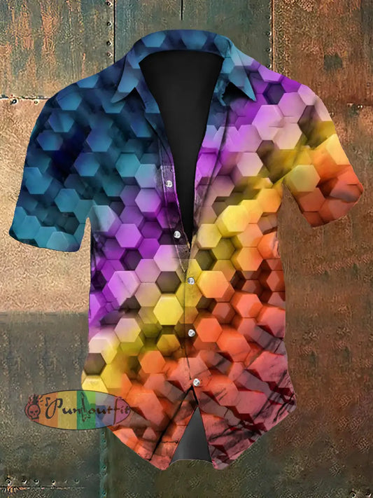 Men’s Vintage Music Festival Colourful Geometric Patchwork Abstract Print Casual Cotton Short Sleeve Shirt As picture