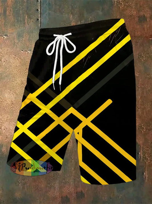 Men’s Vintage Music Festival Colourful Guitar Lines Abstract Print Casual Pocket Drawstring Shorts Black / S