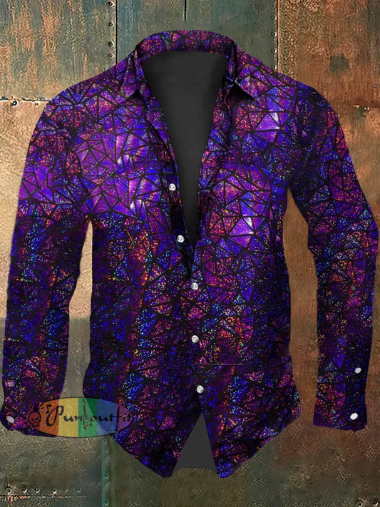 Men’s Vintage Music Festival Mosaic Pieces Abstract Print Casual Long Sleeve Shirt Purple / S