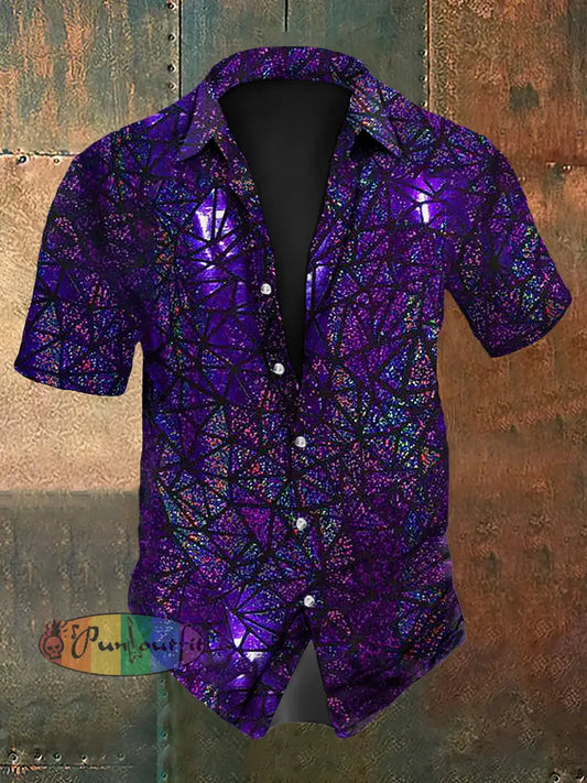 Men’s Vintage Music Festival Mosaic Purple Chip Abstract Print Casual Cotton Short Sleeve Shirt Purple / S