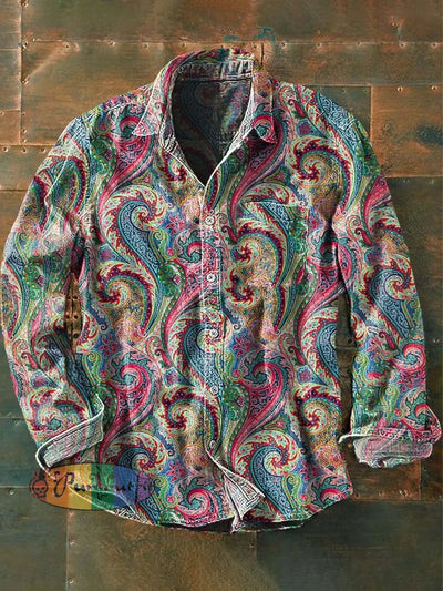 Men’s Vintage Paisley Floral Print Casual Lapel Long Sleeve Shirt As Picture / S