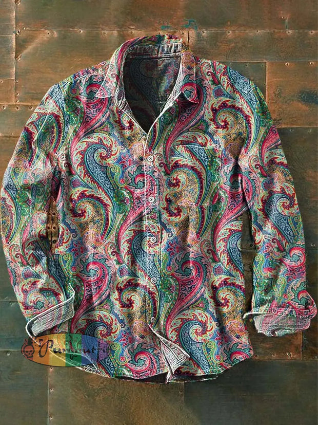 Men’s Vintage Paisley Floral Print Casual Lapel Long Sleeve Shirt As Picture / S