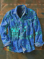 Men’s Vintage Pattern Printed Casual Long Sleeve Lapel Shirt Blue / S