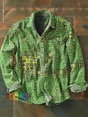 Men’s Vintage Pattern Printed Casual Long Sleeve Lapel Shirt Dark Green / S