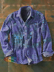 Men’s Vintage Pattern Printed Casual Long Sleeve Lapel Shirt Purple / S