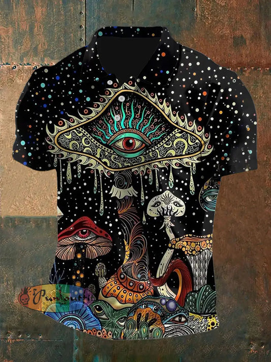 Men’s Vintage Psychedelic Eyes Mushroom Art Abstract Printed Casual Cotton Short Sleeve Polo Shirt Black / S