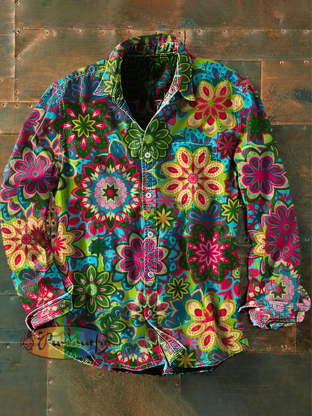 Men’s Vintage Psychedelic Hippie Art Print Casual Long Sleeve Shirt Green / S