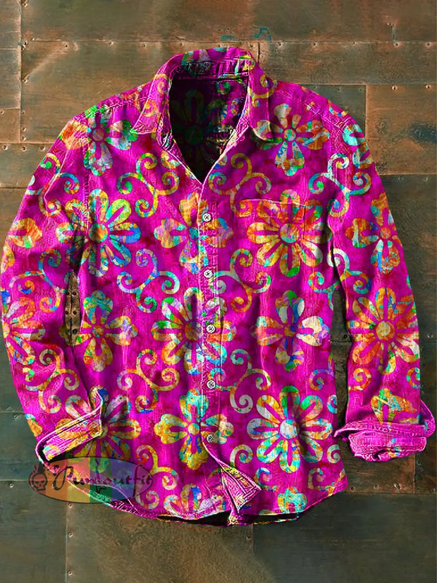 Men’s Vintage Psychedelic Hippie Art Print Casual Long Sleeve Shirt Pink / S