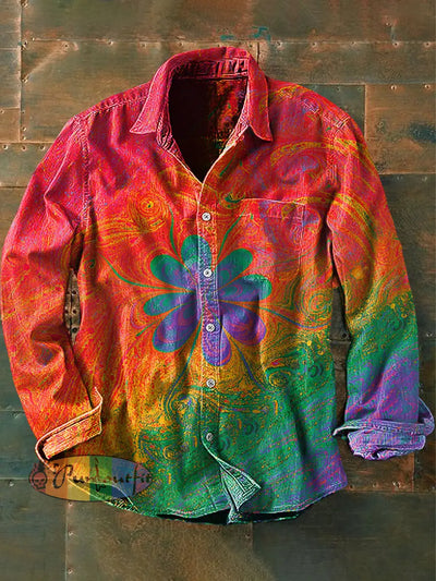 Men’s Vintage Psychedelic Hippie Colorful Flower Print Casual Long Sleeve Shirt As Picture / S
