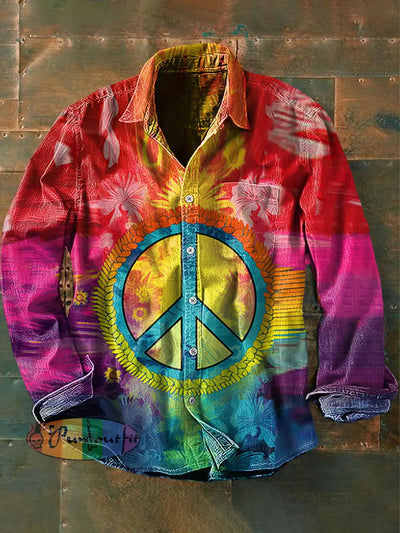 Men’s Vintage Psychedelic Hippie Colorful Peace Print Casual Long Sleeve Shirt As Picture / S