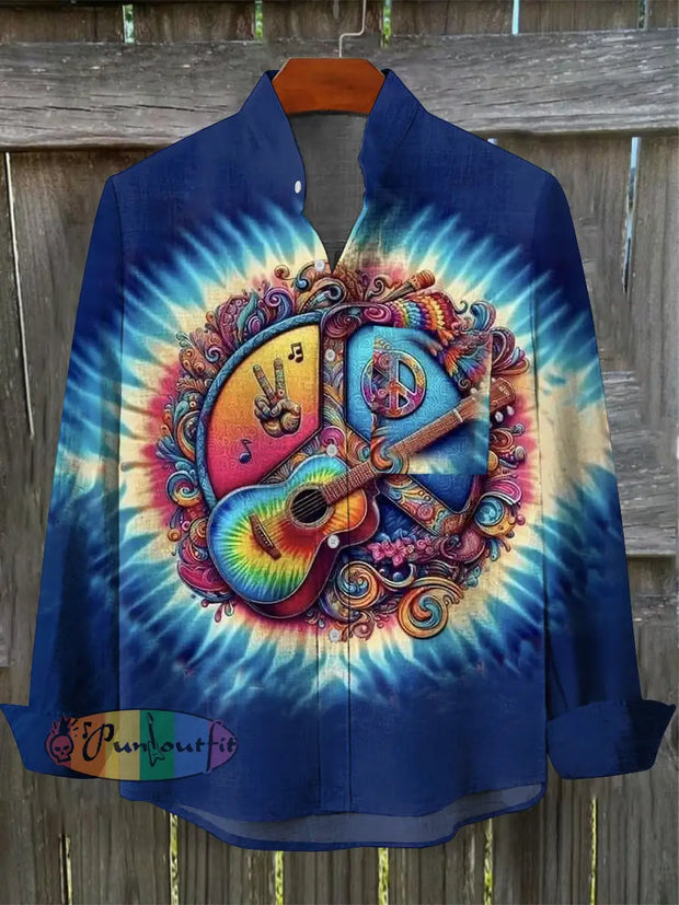 Men’s Vintage Psychedelic Hippie Peace Guitar Art Print Pocket Long Sleeve Cotton Linen Shirt