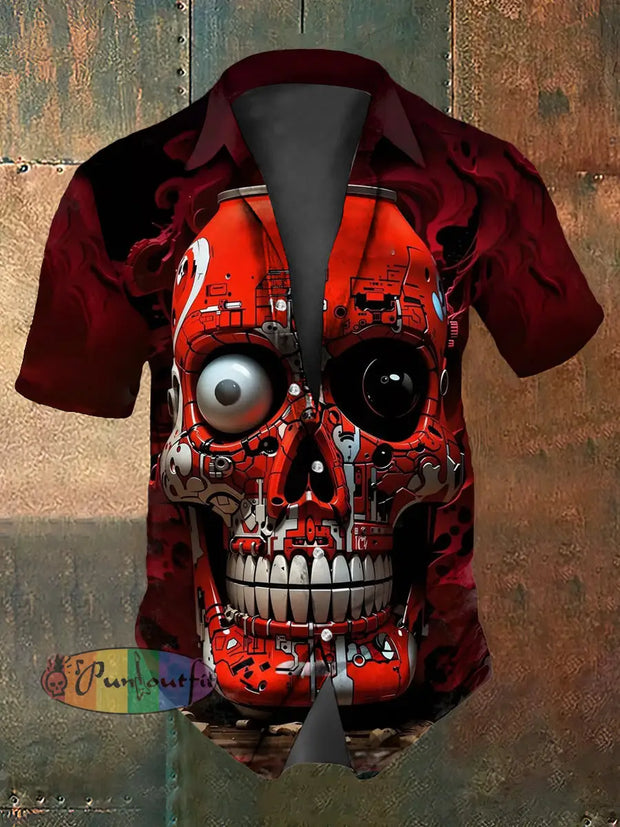 Men’s Vintage Punk Coke Skull Machine Abstract Print Casual Cotton Short Sleeve Shirt Red / S