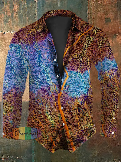 Men’s Vintage Punk Colourful Coral Abstract Print Casual Long Sleeve Shirt As picture / S