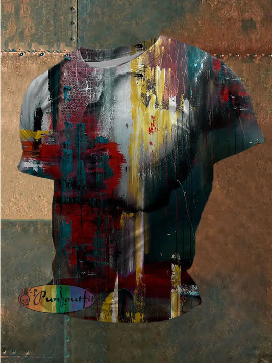 Men’s Vintage Punk Colourful Pigments Abstract Print Casual Cotton Short Sleeve T-Shirt As picture / S