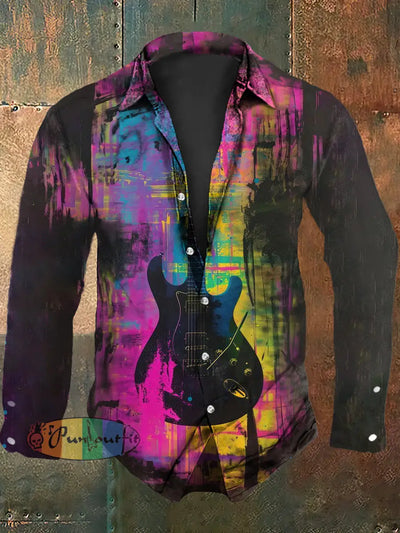Men’s Vintage Punk Colourful Rock Guitar Abstract Print Casual Long Sleeve Shirt Purple / S